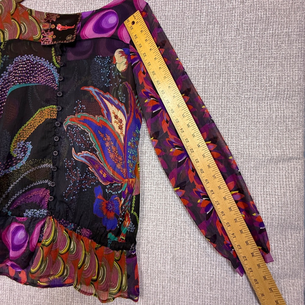 Desigual Sz M Floral Print Blouse Button Down LS Multicolor Sheer Statement - Picture 14 of 16